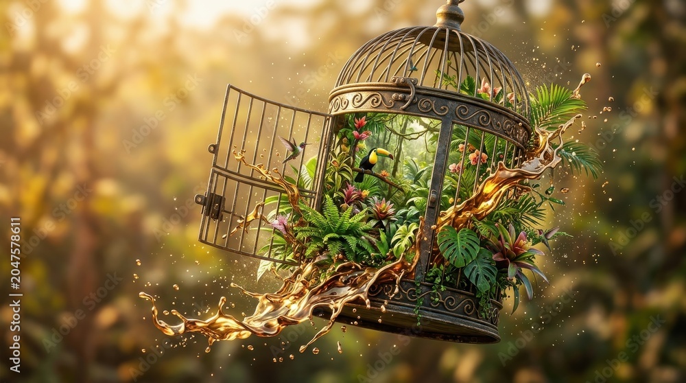 Fototapeta premium Open birdcage with tropical plants, liquid gold splash, and birds in nature