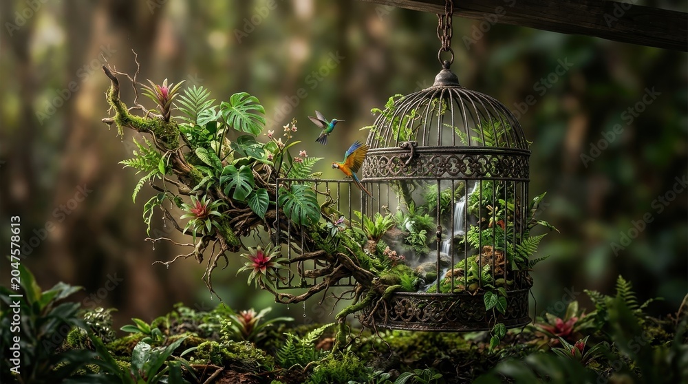 Fototapeta premium Decorative birdcage terrarium with tropical plants and birds in a forest