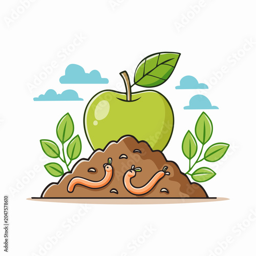 Cartoon Apple and Earthworms in Soil