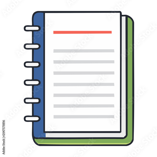 Flat design icon of a spiral notebook with lined paper