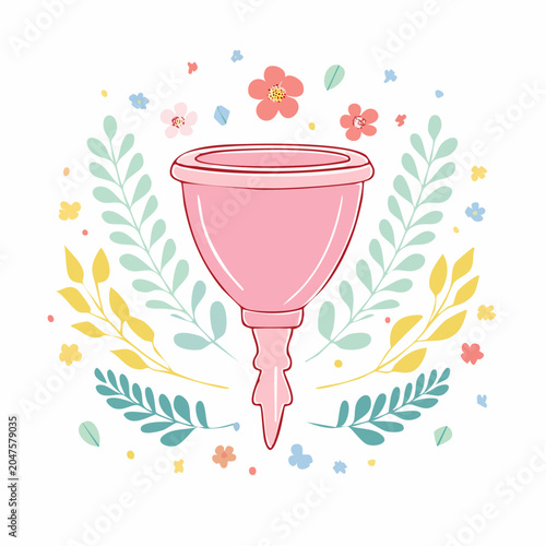 Pink Menstrual Cup Surrounded by Flowers and Leaves