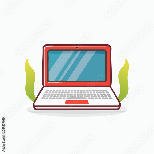Red laptop computer with green plant elements