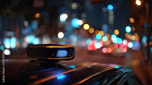 Autonomous vehicle sensor array mounted atop a car at night