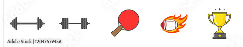 A dynamic collection of sports and success-themed symbols featuring paddles, motion effects, and trophies, ideal for games, apps, tournaments, and event designs.