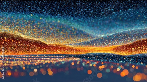 Glistening particle waves undulate across a dark cosmic landscape