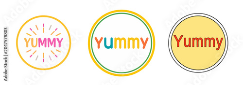 Bright and colorful yummy badges with modern lettering, perfect for food packaging, menus, bakery branding, restaurant promotions, and delicious product highlights.