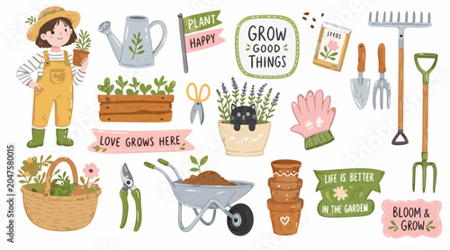 Charming Gardening Tools and Plants Illustration for Green Enthusiasts