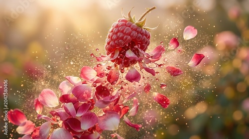Fresh raspberry exploding into flower petals and water splashes