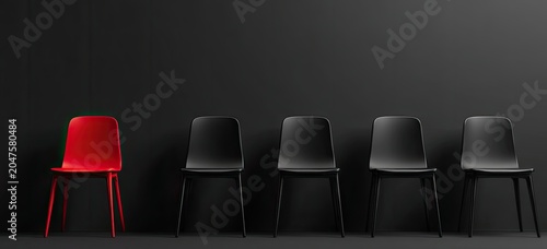 A single red chair stands out in a row of identical black chairs