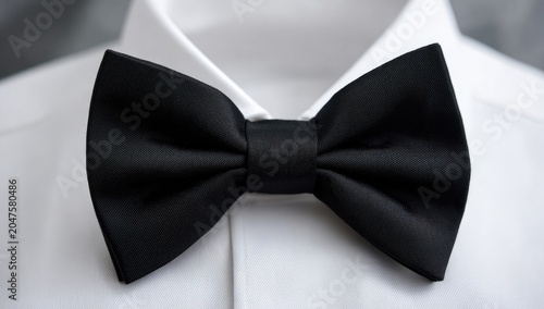 A classic black bow tie sits neatly on a crisp white shirt collar