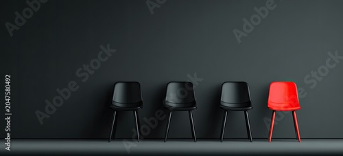 Four chairs in a row against a dark wall, one red, three black