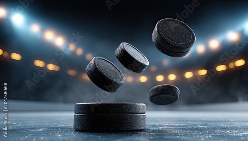 Hockey pucks suspended mid-air over ice in a brightly lit stadium