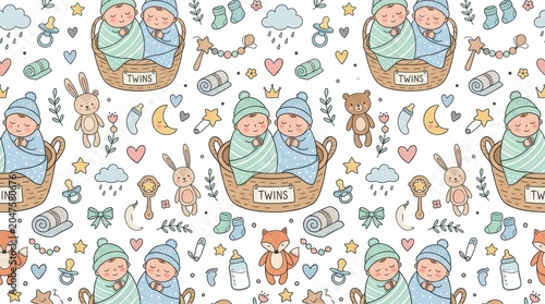 Adorable cartoon pattern featuring sleeping twin babies in baskets with various nursery items