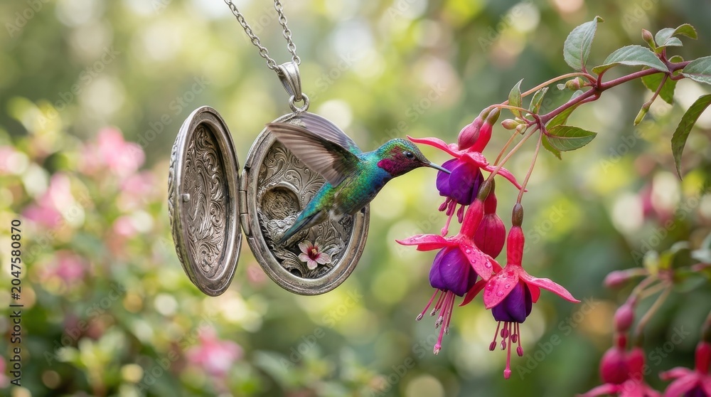 Fototapeta premium Hummingbird emerging from a vintage locket necklace near fuchsia flowers