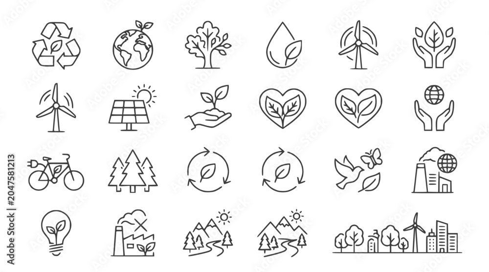 Fototapeta premium Eco-friendly Icons: Nature, Renewable Energy, Sustainability, Recycling, Green Living