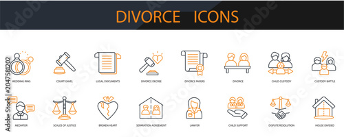 Obraz na plátně divorce icons set minimalist flat style design, divorce set Vector illustration