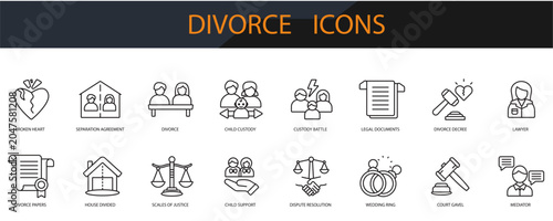 Photos divorce icons set minimalist flat style design, divorce set Vector illustration