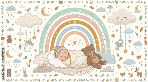 A peaceful baby sleeps bundled on a cloud with a teddy bear, surrounded by a soft pastel rainbow