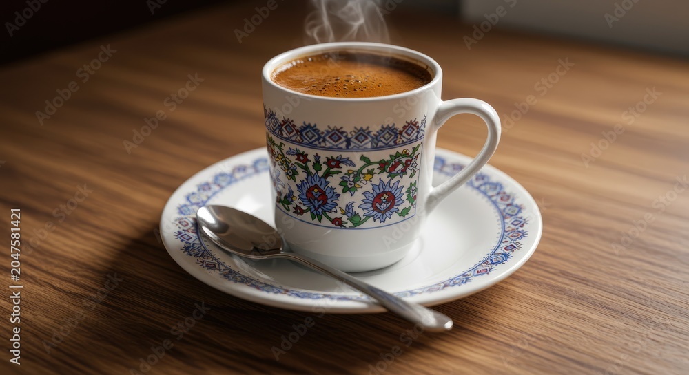 Obraz premium Steaming cup of coffee on a saucer with spoon on wooden table indoors
