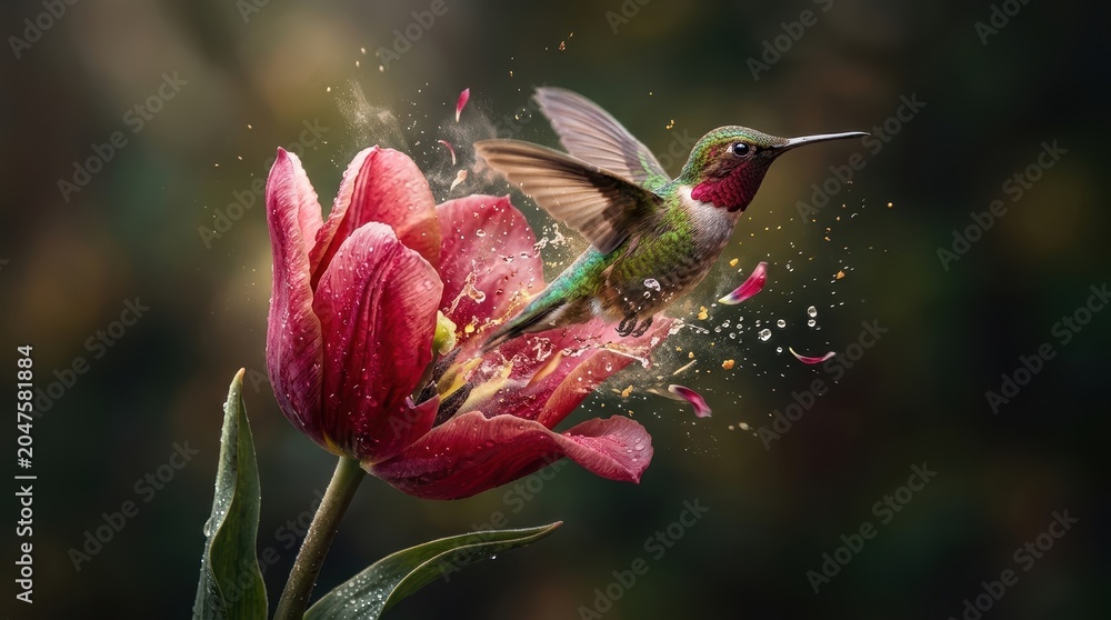 Fototapeta premium Hummingbird hovering at a vibrant red tulip flower