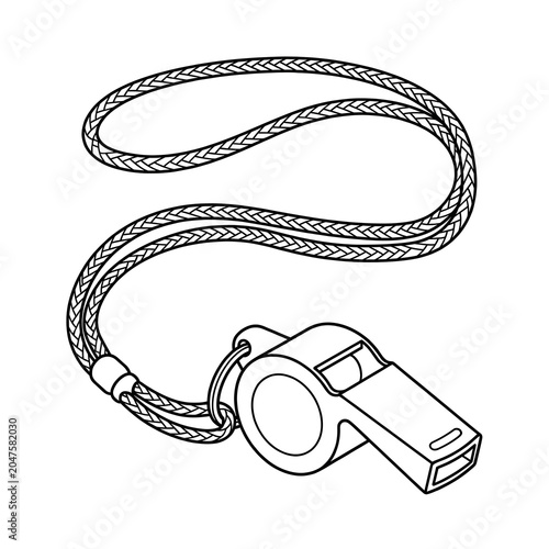 Detailed black and white line art illustration of a professional sports whistle on white background