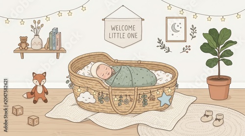 Baby sleeping soundly in a cozy nursery, surrounded by gentle decor and welcome banner