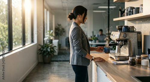 Asian businesswoman brewing coffee in modern office kitchen. Serene workplace backdrop for mindfulness meditation, mental clarity, employee wellness benefits and corporate culture trends