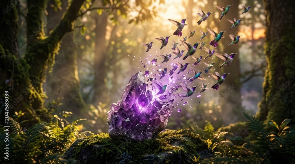 Fototapeta premium Amethyst crystal transforming into flock of hummingbirds in magical forest