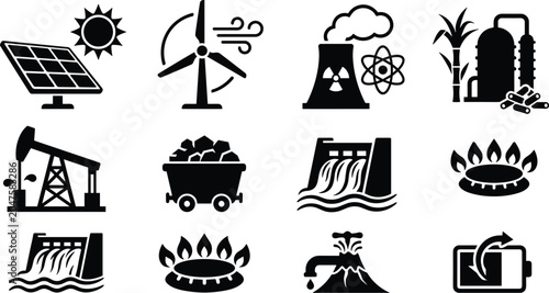 Bild auf Leinwand Global Energy Industry and Power Generation Icon Set Featuring Solar Panels Wind