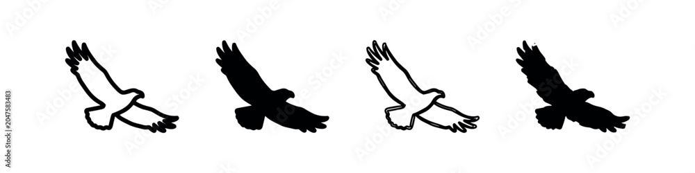 Fototapeta premium Eagle in flight icons: bird of prey in outline and solid fill
