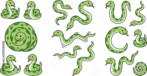 Cute Green Cartoon Snake Character Mascot Set Featuring Various Poses Slithering Coiled and Smiling Reptile Illustrations for Kids Graphic and Pattern Design