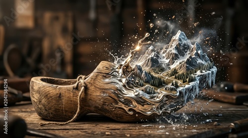 Wooden shoe with miniature mountain landscape inside