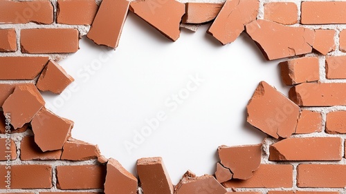 Brick wall breaking through creating copy space symbolizing breakthrough progress and freedom
