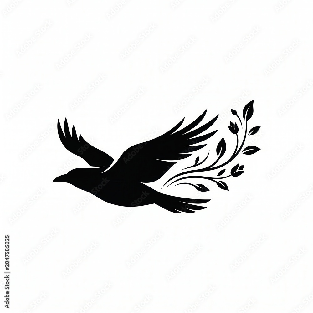 Fototapeta premium Black bird with floral elements flying