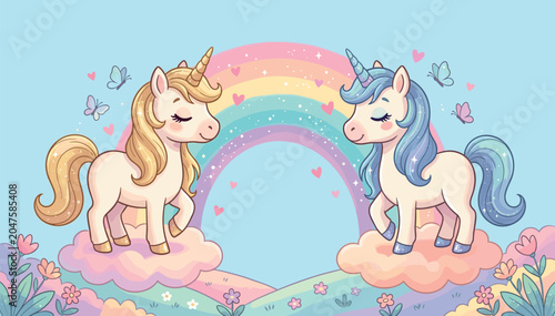 Φωτογραφία Cute magical unicorn vector illustration with two cartoon ponies standing on clouds in front of a pastel rainbow backdrop background for nursery birthday card design