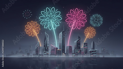 Floral Fireworks Display Over Modern City Skyline at Night