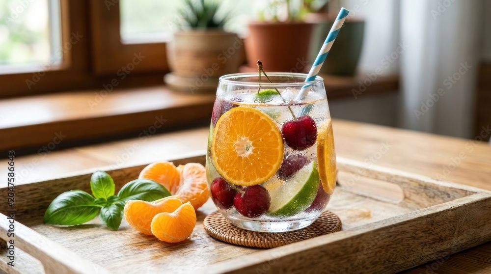 Fototapeta premium Refreshing Infused Water with Citrus and Berries on a Wooden Tray.