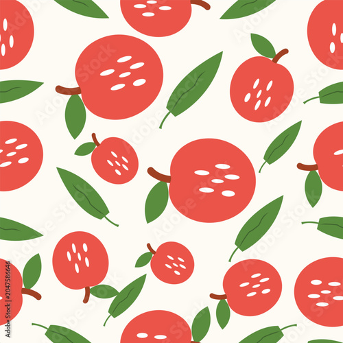 Red Apple Fruit and Green Leaves Seamless Pattern with Cute Hand Drawn Minimalist Food Elements.