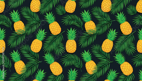 Canvastavla Tropical pineapple seamless pattern vector illustration with sweet yellow fruits and green palm frond leaves on a dark black background surface design layout