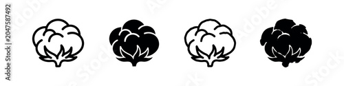 Foto Cotton boll or flower icon set, natural textile plant and organic fiber symbol