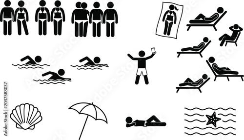 Obraz na płótnie Beach vacation stick figure vector icons set with people swimming sunbathing re
