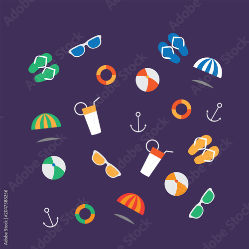 Summer vacation elements pattern with beach accessories on blue background
