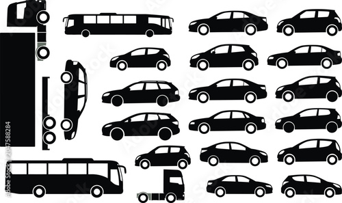 Foto Car and truck vehicle silhouette vector set with black shapes of sedan hatchbac