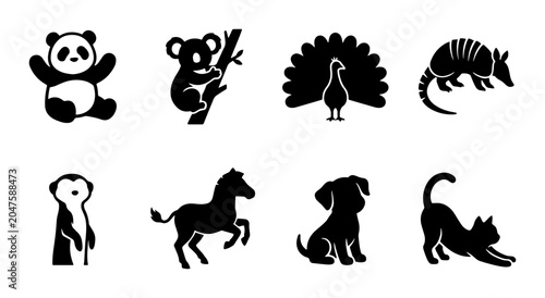 Photography Cute Animal Icons Set: Panda, Koala, Peacock, Armadillo, Meerkat, Horse, Dog, Ca
