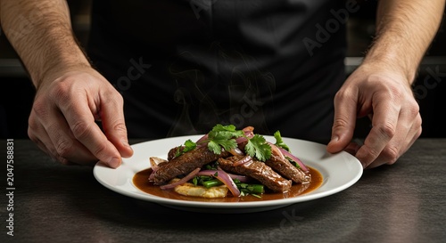 A chef presents a savory dish of meat and herbs on a plate.