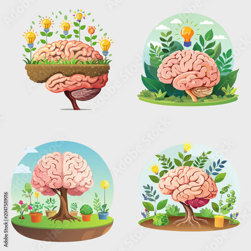 Set of creative illustrations depicting human brain as a garden with growing ideas, AI-generated vector style
