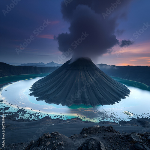 Pulau vulkanik dengan lava bercahaya
