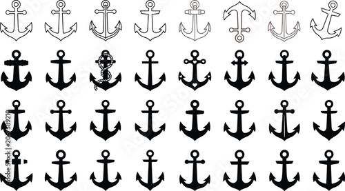 Foto Nautical anchor vector icons mega bundle with black silhouettes and outline lin