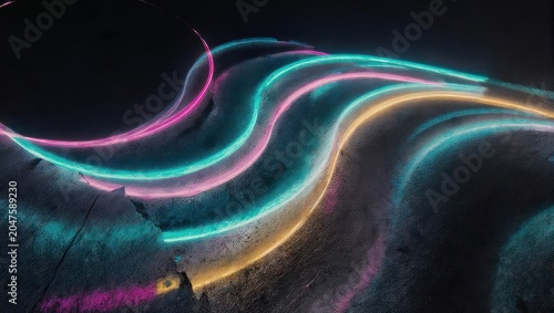 Abstract Neon Light Trails on Dark Background - Futuristic Energy Flow.