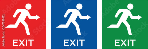 Three colored exit signs with running man icons on transparent background